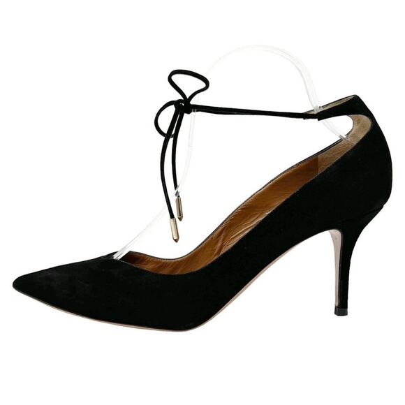 Aquazzura Black Suede Ankle Tie Pointed Toe Low Heel Pumps - Picture 1 of 9